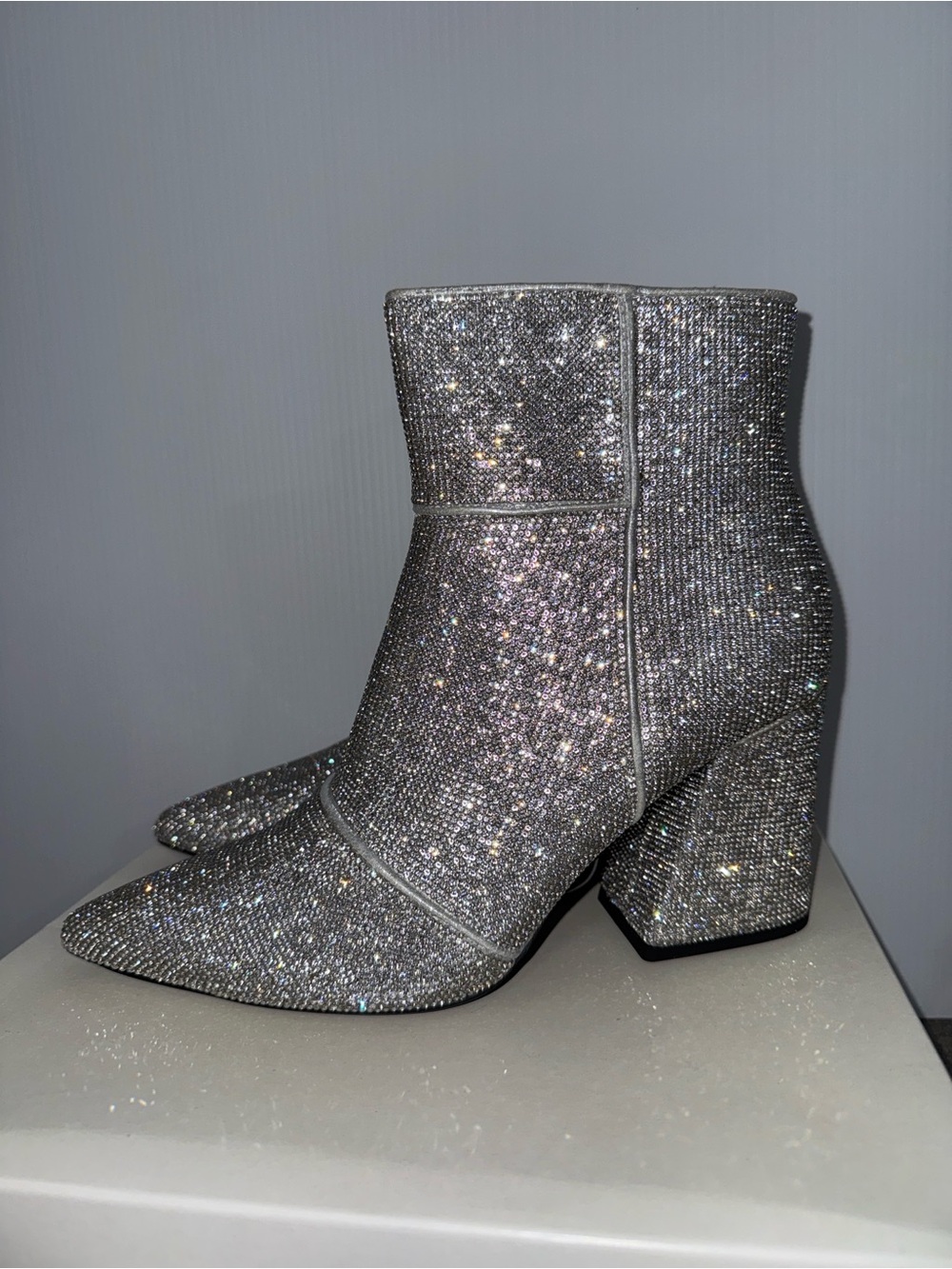Silver Rhinestone Crystal Embellished Pointed Toe Block Heel Ankle Boots Size 11 - Picture 3 of 12